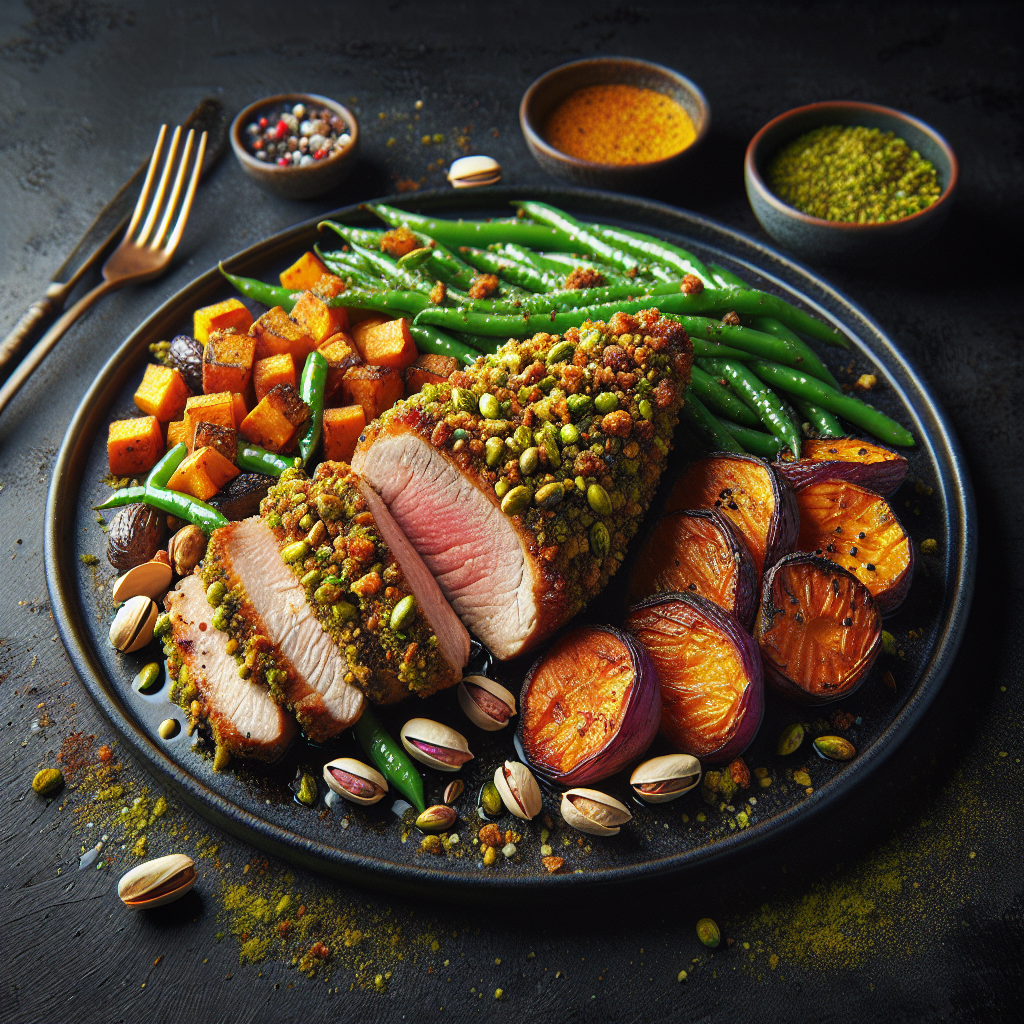 Pistachio Crusted Pork Tenderloin with Roasted Sweet Potatoes and Green Beans